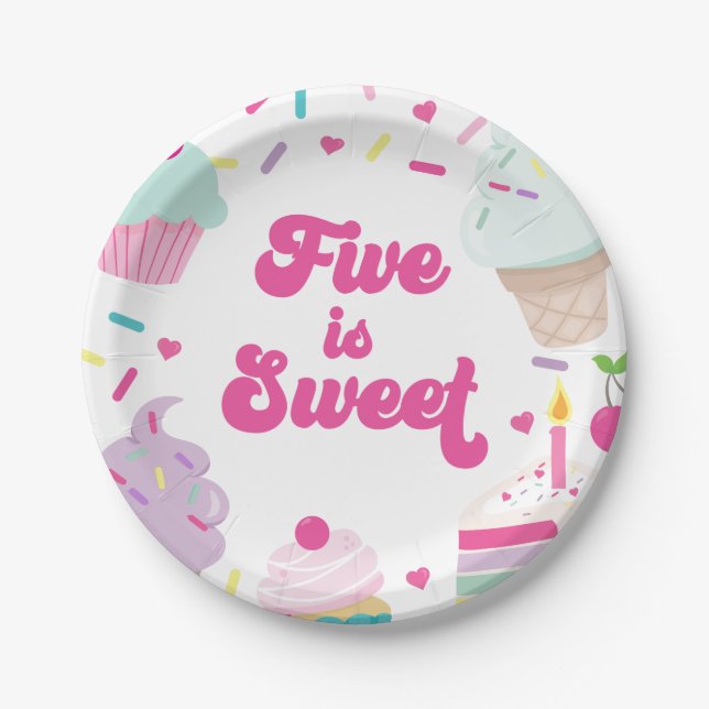 Prato De Papel Sorvete e Bolo Five é Doce 5º Aniversário (Frente)