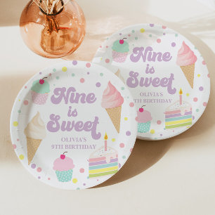 Prato De Papel Sorvete e Bolo Nine é Doce  9º Aniversário