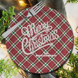 Prato De Papel Sparkly Merry Christmas Plaid 