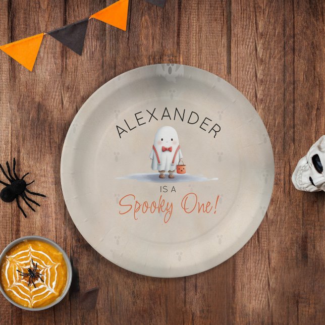 Prato De Papel Spooky, Primeiro Aniversário de Halloween (Spooky One First Birthday Party Paper Plates for Boy's Halloween 1st Birthday)