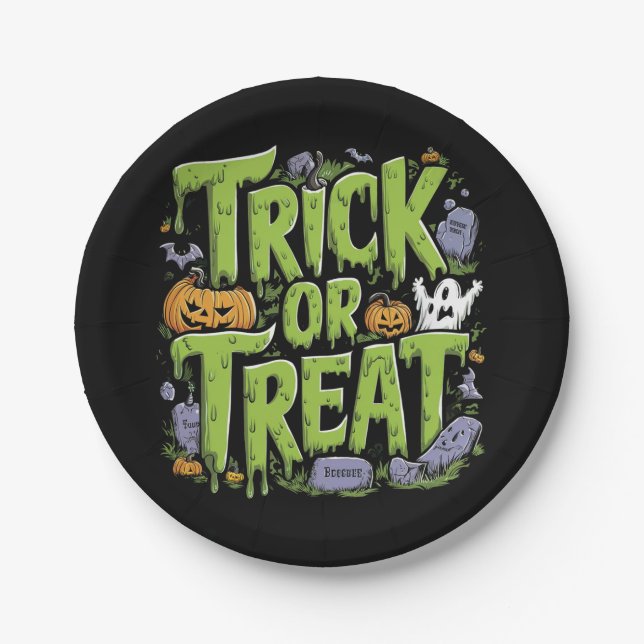 Prato De Papel Spooky Trick or Treat Slime Halloween  (Frente)