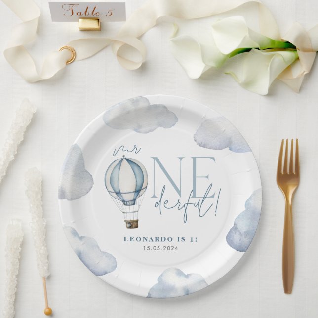 Prato De Papel Sr. ONEGreat Hot Air Ballon Boy primeiro aniversar (Casamento)
