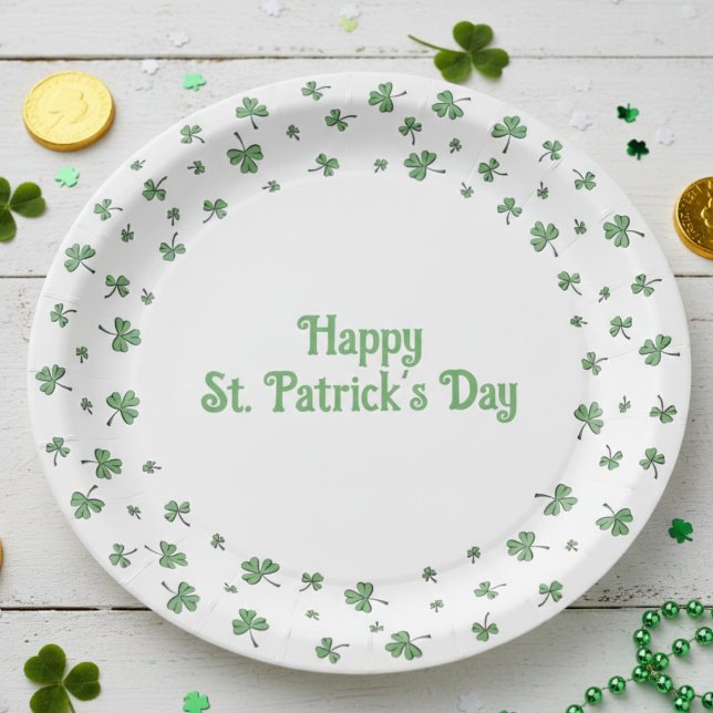 Prato De Papel St. Patrick’s Day Shamrock Border Round (Happy St Patrick's Day Paper Plates. Elegant Hand Drawn Lucky Green Clover Border for Saint Patrck's)