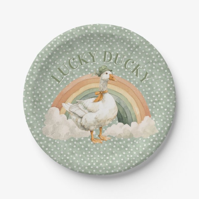 Prato De Papel  St Patrick's Day Lucky Ducky with Rainbow (Frente)