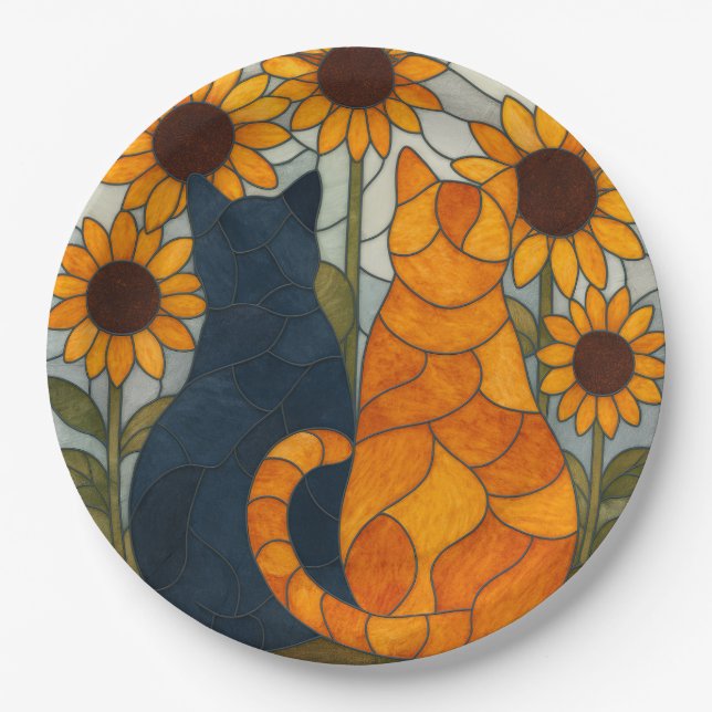 Prato De Papel Stained Glass Cats and Sunflowers Art Design (Frente)