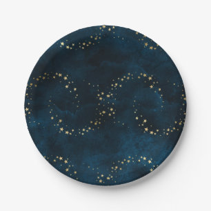 Prato De Papel Starry Night Sky Dark Blue Ouro Stars Spiral