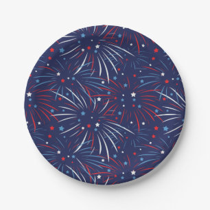 Prato De Papel Stars Red White Blue Fireworks