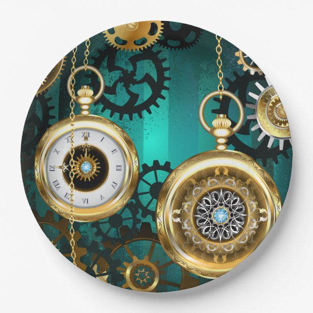 Prato De Papel Steampunk Jewelry Watch em um fundo verde (Frente)