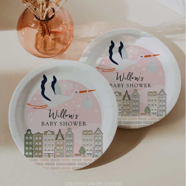 Prato De Papel Stork Boho Baby Sprinkle Décor (Boho Baby Shower Stork)