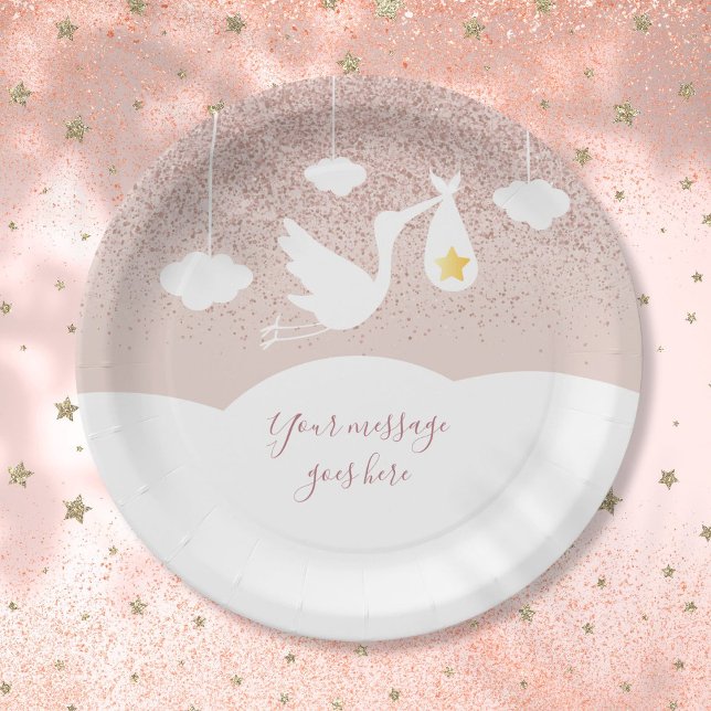 Prato De Papel Stork Glitter Dourado do Rosa do chá de fraldas (Baby Shower Rose Gold Star Glitter Stork Paper Plates)