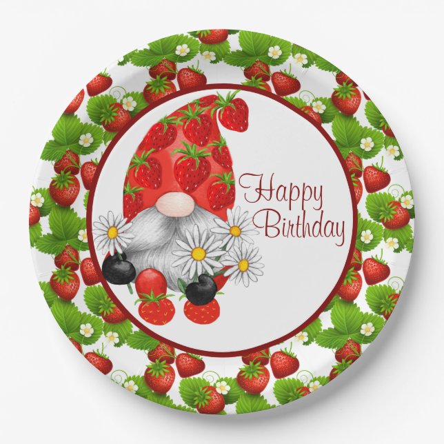 Prato De Papel Strawberry Birthday Gnome (Frente)