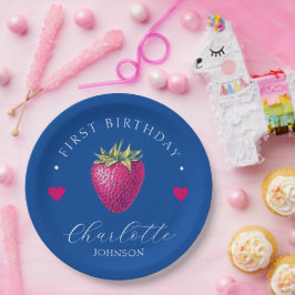 Prato De Papel Strawberry Hearts Birthday Girl Dark Blue