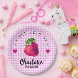 Prato De Papel Strawberry Hearts Birthday Girl Pink Checkered