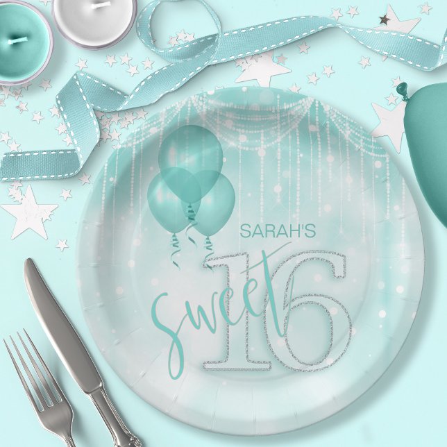 Prato De Papel String Lights & Balloons Sweet 16 Teal ID473 (Criador carregado)