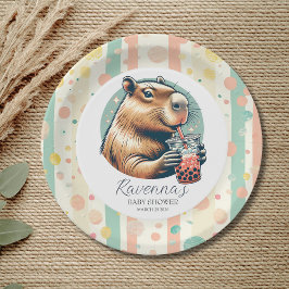 Prato De Papel Striped Funny Capybara Custom Name Baby Shower