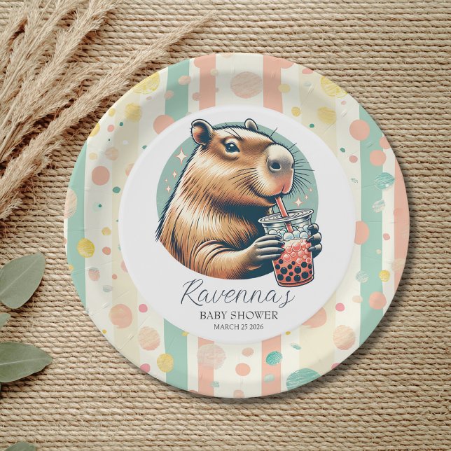 Prato De Papel Striped Funny Capybara Custom Name Baby Shower (Criador carregado)