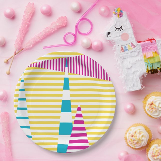 Prato De Papel Stripes em Stripes - Turquesa, Amarelo e Rosa (Festa)