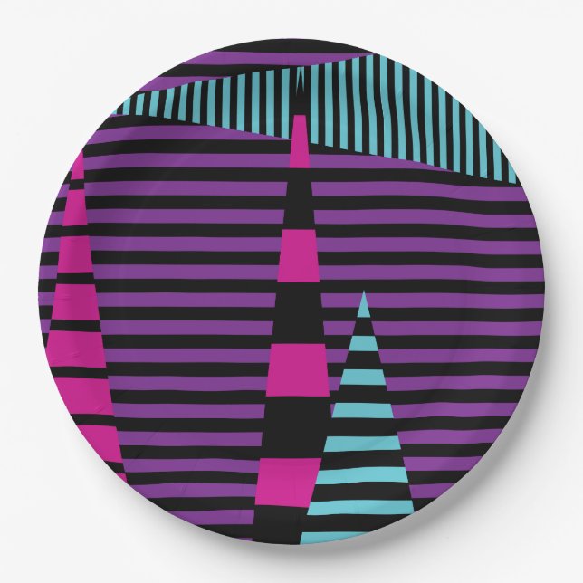 Prato De Papel Stripes em tiras - Rosa, Roxo, Azul e Preto (Frente)