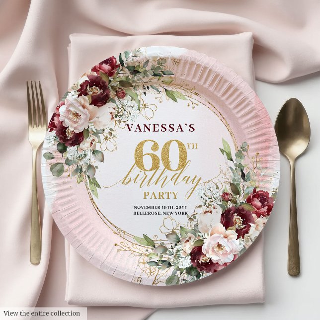 Prato De Papel Stylish Boho Burgundy Gold Floral 60th Birthday  (Stylish Boho Burgundy Gold Floral 60th Birthday Plates)
