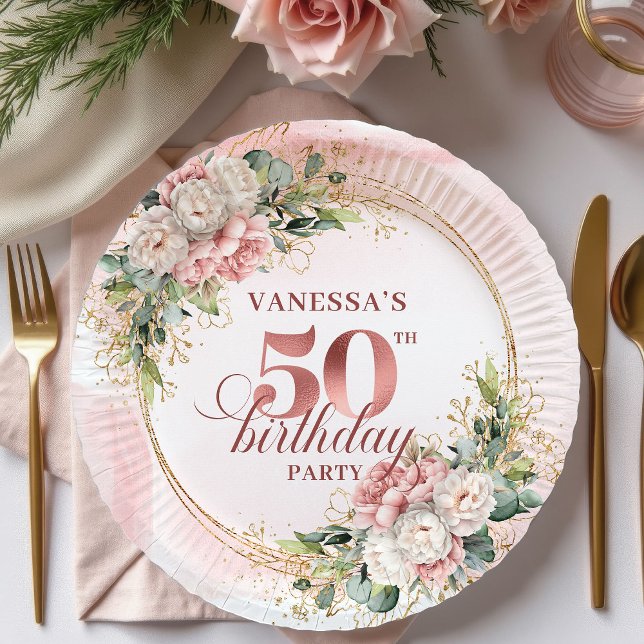Prato De Papel Stylish Rose Gold Blush Peonies 50th Birthday  (Stylish Rose Gold Blush Peonies 50th Birthday Dinner Paper Plates

)
