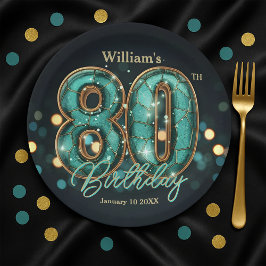 Prato De Papel Stylish Vibrant Teal and Gold 80th Birthday