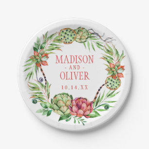 Prato De Papel Succulent verde do vintage & cor-de-rosa floral