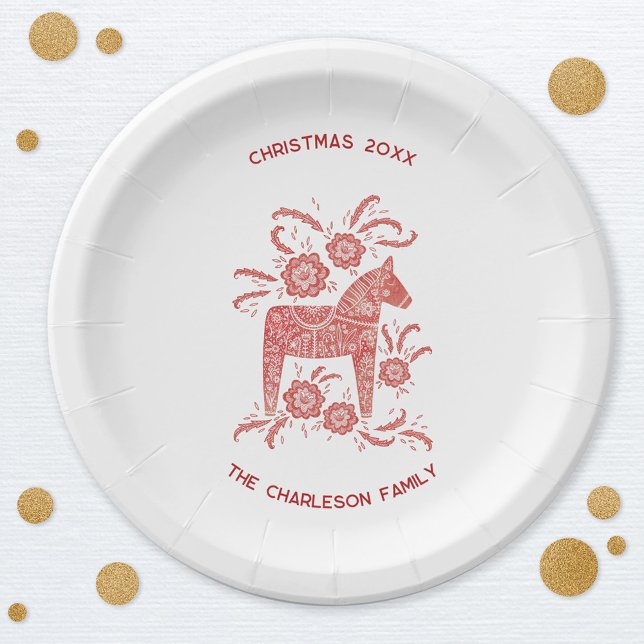 Prato De Papel sueco Dala Horse Red e White Personalizado (Swedish Dala Horse Scandinavian red and white personalized custom text Christmas party paper plates)