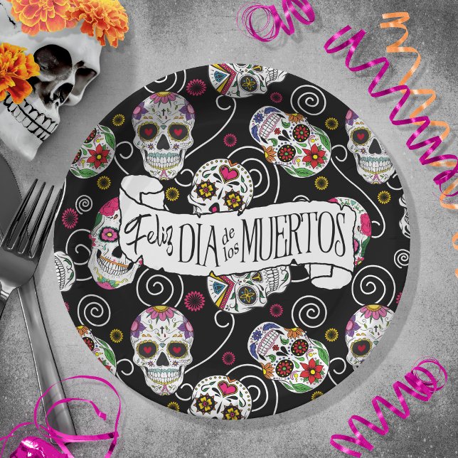 Prato De Papel Sugar Skulls and Swirls Rosa Black ID725 (Criador carregado)