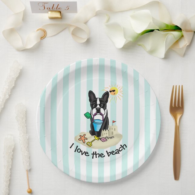 Prato De Papel Summer Beach Boston Terrier Dog (preto) Cute (Casamento)