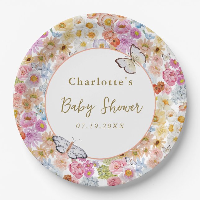 Prato De Papel Summer Bloom Floral Butterfly Chá de fraldas Perso (Frente)