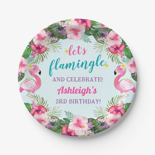 Prato De Papel Summer Tropical Flamingo Birthday (Frente)