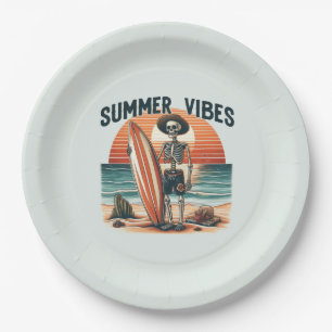Prato De Papel Summer Vibes Skeleton Surfer Sunset Beach Design