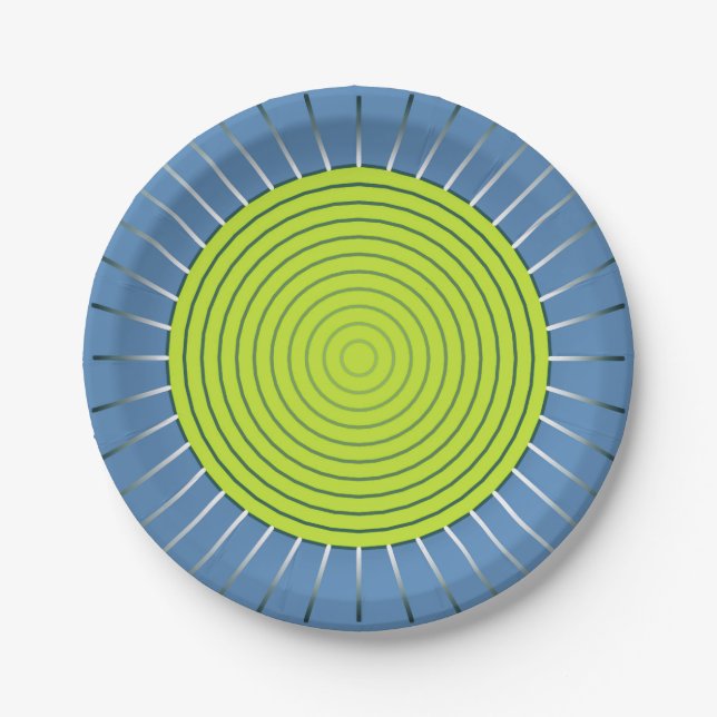 Prato De Papel Sunburst Geométrico Moderno - Limão e Azul Denim (Frente)