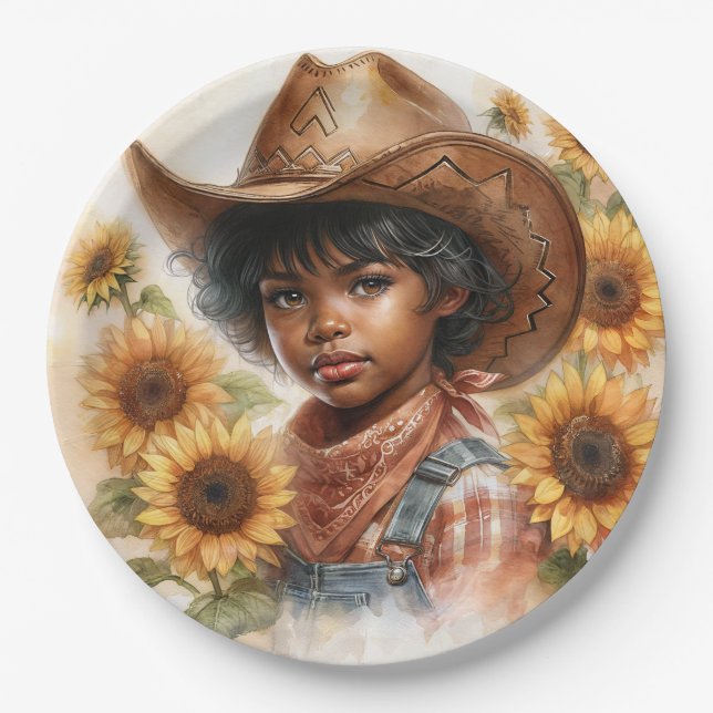 Prato De Papel Sunflower Cowgirl Black Child Watercolor (Frente)