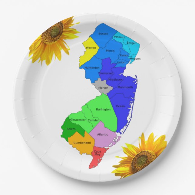 Prato De Papel Sunflower New Jersey Counties Paper Plates (Frente)