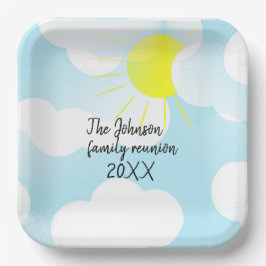 Prato De Papel Sunny Blue Summer Sky com Reunião Familiar de Nuve