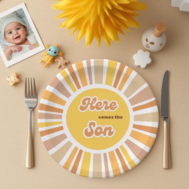 Prato De Papel Sunshine Baby Shower Boho Retro Yellow Sunshine (Criador carregado)