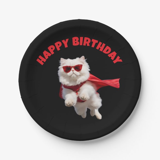 Prato De Papel Super-herói Gato Persa Branco Fofo (Frente)