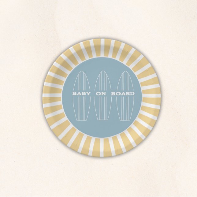 Prato De Papel Surf Board Baby Shower - Custom Gender Neutral (Baby on Board Gender Neutral Shower - Disposable Plates)