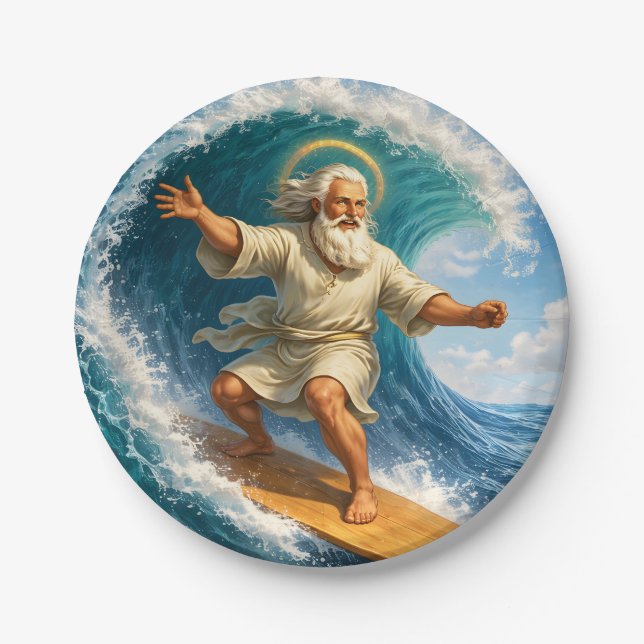 Prato De Papel Surfing Moses funny biblical art party paper plate (Frente)