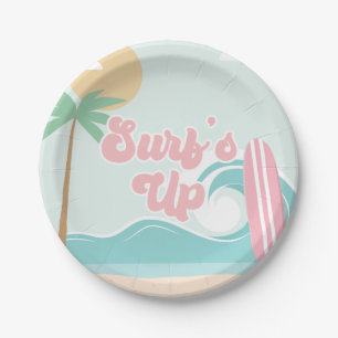 Prato De Papel Surfs Up Pink Beach Birday Plates