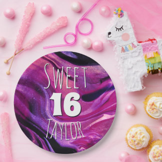Prato De Papel Sweet 16 Magenta Purple Marble Personalized