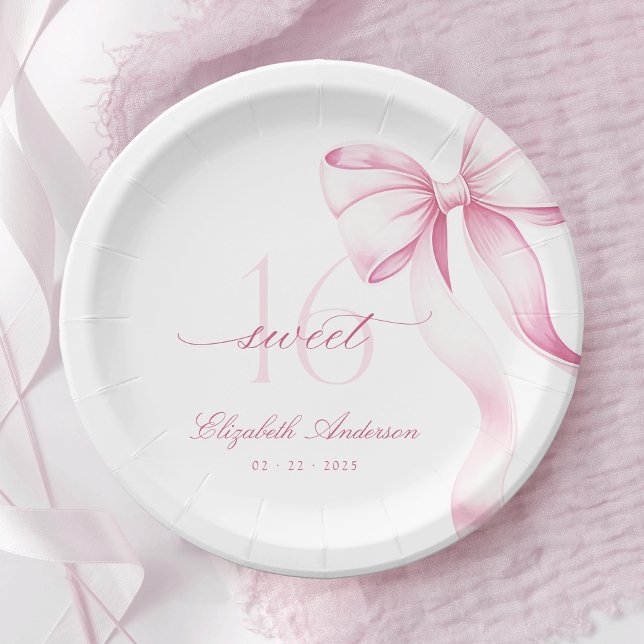 Prato De Papel Sweet 16 Pink Bow Paper Plates (Criador carregado)