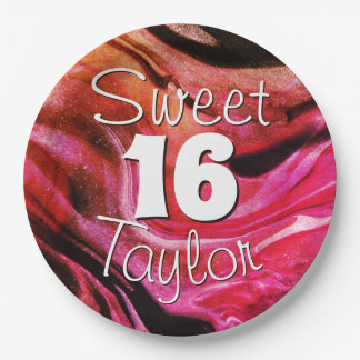 Prato De Papel Sweet 16 Red & Orange Marble Personalized