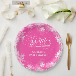 Prato De Papel Sweet 16 Winter Wonderland Snowflake Pink
