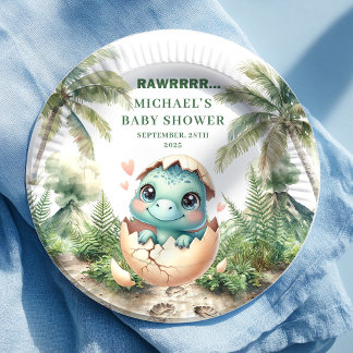 Prato De Papel Sweet Blue Dino Baby Shower Hatching Soon Plates