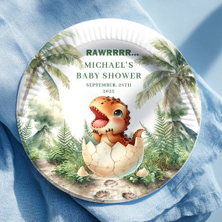 Prato De Papel Sweet Dino Egg Baby Shower Hatching Soon Plates