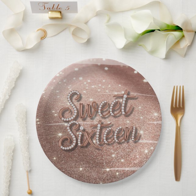 Prato De Papel Sweet Sixteen In Rose Gold and Pearls (Casamento)