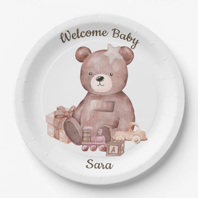 Prato De Papel Sweet Teddy Bear Baby Shower Party Plate (Frente)