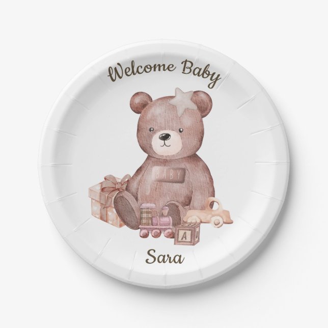 Prato De Papel Sweet Teddy Bear Baby Shower Party Plate (Frente)